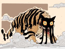 Rule 34 | animal focus, blood, blood on face, brown background, cloud, constricted pupils, dream tiger (govy9807), full body, gamjeong ph, highres, looking at viewer, monster, no humans, open mouth, original, sharp teeth, solo, teeth, tiger, tusks, two-tone background, yellow background, yellow eyes