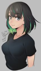 Rule 34 | 1girl, agawa ryou, black hair, breasts, colored inner hair, dated, green hair, grey background, grey eyes, looking at viewer, medium breasts, medium hair, multicolored hair, original, shirt, signature, simple background, smile, solo, t-shirt, two-tone hair, upper body