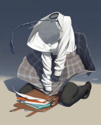 Rule 34 | 1girl, absurdres, bag, black choker, black thighhighs, blue necktie, chen zhang, choker, collared shirt, dress shirt, grey skirt, highres, invisible, kneeling, loafers, long sleeves, loose necktie, necktie, notebook, open clothes, open shirt, paper, plaid, plaid skirt, pleated skirt, school bag, school uniform, shirt, shoes, simple background, skirt, skirt tug, solo, striped necktie, thighhighs, white shirt, wind, wind lift