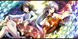 Rule 34 | 2girls, biwa lute, brown eyes, brown hair, chain, flower, grey eyes, hair flower, hair ornament, hairband, instrument, letterboxed, long hair, long sleeves, looking at viewer, lute (instrument), multiple girls, music, musical note, one eye closed, open mouth, playing instrument, purple hair, siblings, sisters, skirt, smile, sui. (ayase), touhou, tsukumo benben, tsukumo yatsuhashi, twintails, very long hair, wink