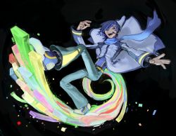 Rule 34 | 1boy, android, bad id, bad twitter id, black background, blue eyes, blue hair, blue scarf, coat, full body, green pants, headset, highres, joints, kaito (vocaloid), looking at viewer, male focus, open mouth, pants, robot joints, scarf, shikuchousen, short hair, simple background, smile, solo, surfing, swept bangs, vocaloid