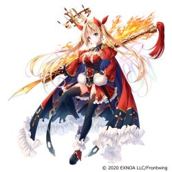 1girl, bangs, black footwear, black legwear, blonde hair, breasts, cape, character request, cleavage, commentary request, dennou tenshi jibril, dress, epaulettes, eyebrows visible through hair, fire, frilled dress, frills, full body, grey eyes, hair ribbon, hand on hip, juliet sleeves, kine-c, long hair, long sleeves, medium breasts, official art, outstretched arm, puffy sleeves, red cape, red dress, red ribbon, ribbon, shoes, simple background, solo, thighhighs, twintails, very long hair, watermark, white background, wide sleeves