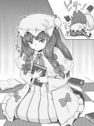 Rule 34 | 1girl, book, bow, capelet, checkered floor, commentary request, crescent, crescent hat ornament, dress, dress bow, full body, greyscale, hair bow, hat, hat ornament, highres, holding, holding book, kakone, kneeling, long hair, looking at viewer, mob cap, monochrome, multiple views, patchouli knowledge, sidelocks, striped clothes, striped dress, touhou