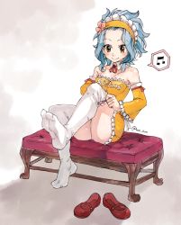 Rule 34 | blue hair, blush, brown eyes, fairy tail, feet, flower, gradient background, headdress, levy mcgarden, music, ribbon, rusky, shoes, unworn shoes, short hair, smile, thighhighs, waitress