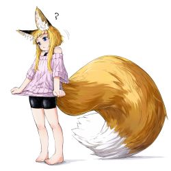 Rule 34 | 1girl, :&lt;, ?, animal ear fluff, animal ears, bare legs, barefoot, bike shorts, blonde hair, blue eyes, colorized, eyebrows, fox ears, fox tail, full body, highres, jaco, large tail, original, ribbed sweater, short hair with long locks, sidelocks, simple background, skindentation, solo, standing, sweater, tail, thick eyebrows, turtleneck, white background