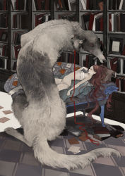 Rule 34 | 1girl, animal, animal collar, arched back, blanket, book, book stack, bookmark, bookshelf, borzoi, bra, character request, clenched hands, closed mouth, collar, collarbone, commentary request, couch, dog, envelope, floral print, frilled bra, frilled panties, frills, fringe trim, half-closed eyes, hand up, indoors, leash, letter, long hair, long legs, lying, nail polish, navel, nekosuke (oxo), on back, on couch, open book, original, oversized animal, panties, picture frame, pillow, ribs, skinny, strapless, strapless bra, surreal, toenail polish, toenails, underwear, underwear only, very long hair, wavy hair, white bra, white panties