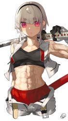 Rule 34 | abs, belt, gloves, grey hair, highres, looking at viewer, muscular, muscular female, open fly, original, over shoulder, pants, red eyes, short hair, sleeveless, solo, sports bra, sword, sword over shoulder, thick eyebrows, underwear, weapon, weapon over shoulder, white hair, white pants, yunimaru