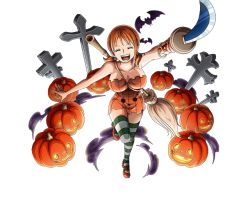 Rule 34 | 1girl, arm up, bodskih, bracelet, breasts, brown hair, cleavage, closed eyes, dress, full body, halloween costume, holding, holding sword, holding weapon, jack-o&#039;-lantern, jewelry, large breasts, leg up, mary janes, nami (one piece), one piece, one piece treasure cruise, open mouth, orange dress, pumpkin, red footwear, shoes, short dress, short hair with long locks, sidelocks, sleeveless, sleeveless dress, smile, solo, standing, standing on one leg, strapless, strapless dress, striped clothes, striped thighhighs, sword, thighhighs, transparent background, weapon