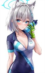 Rule 34 | 1girl, animal ear fluff, animal ears, arm behind back, blue archive, blue eyes, bottle, breasts, cat ears, cat girl, cleavage, collarbone, covered navel, cross hair ornament, cycling uniform, gloves, green gloves, grey hair, hair ornament, halo, holding, holding bottle, looking at viewer, marisasu (marisa0904), medium breasts, medium hair, shiroko (blue archive), shiroko (cycling) (blue archive), simple background, solo, upper body, water bottle, white background