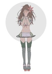 Rule 34 | 1girl, amagi (kancolle), armored boots, bad id, bad twitter id, bare shoulders, boots, breasts, brown hair, cleavage, cleavage cutout, clothing cutout, covering face, facing viewer, flower, full body, hair flower, hair ornament, high ponytail, highres, hip vent, kantai collection, leaf, leaf hair ornament, long hair, maple leaf, medium breasts, microskirt, midriff, navel, pleated skirt, red rope, rope, rudder footwear, shide, short sleeves, skirt, solo, thighhighs, white background, wide ponytail, yama (yam0a)