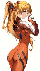 Rule 34 | 1girl, @shun, arms up, ass, blue eyes, bodysuit, breasts, brown hair, clothes lift, clothes pull, hair between eyes, hair ornament, highres, interface headset, jacket, jacket lift, jacket pull, long hair, looking at viewer, looking back, medium breasts, neon genesis evangelion, pilot suit, plugsuit, red bodysuit, simple background, solo, souryuu asuka langley, track jacket, twintails, two side up, unworn jacket, very long hair, white background