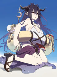 Rule 34 | 10s, 1girl, bikini, black hair, blue background, crescent, danua, draph, gradient background, granblue fantasy, gretel (granblue fantasy), hansel (granblue fantasy), high heels, horn ornament, horns, jewelry, kneeling, mattaku mousuke, necklace, open mouth, pale skin, pointy ears, red eyes, sandals, sarong, solo, swimsuit