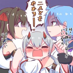 Rule 34 | 3girls, = =, ahoge, angry, arm belt, assault lily, bare shoulders, belt, black belt, black gloves, black shirt, blue hair, blue sailor collar, blush, bright pupils, brown hair, brown sleeves, closed eyes, commentary, confrontation, crop top, detached sleeves, ear blush, eye contact, facing viewer, fangs, fujita asagao, glaring, gloves, gradient background, grey background, grey hair, hair between eyes, hair intakes, hair ribbon, hand on another&#039;s arm, hand on another&#039;s shoulder, hand up, hands up, height difference, highres, holding another&#039;s wrist, horns, igusa subaru, koyroyan, kozue west, layered sleeves, long hair, long sleeves, looking at another, low twintails, mechanical horns, multiple girls, neckerchief, nose blush, open mouth, parted lips, profile, purple background, purple eyes, purple neckerchief, red horns, red ribbon, ribbon, sailor collar, school uniform, serafuku, shaded face, shirt, shouting, sleeveless, sleeveless shirt, speech bubble, twintails, undershirt, upper body, v-shaped eyebrows, wavy mouth, white pupils, white shirt, white sleeves, wide sleeves, yellow eyes, yuri