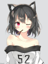 Rule 34 | 1girl, animal ears, bare shoulders, black hair, blush, breasts, cat ears, clothes writing, collarbone, commentary request, food, grey background, looking at viewer, medium breasts, mouth hold, myuton, off shoulder, one eye closed, original, pocky, red eyes, sanpaku, shirt, short hair, simple background, solo, upper body, white shirt