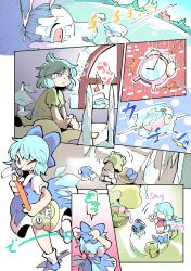 Rule 34 | 1girl, ;), alarm clock, bag, blue bow, blue dress, blue eyes, blue hair, bow, changing clothes, cirno, clock, closed mouth, comic, commentary request, dress, food, frozen, hair bow, highres, ice, ice wings, igloo, indoors, light rays, moyazou (kitaguni moyashi seizoujo), one eye closed, outdoors, pajamas, red ribbon, ribbon, shaved ice, short hair, silent comic, smile, snow shelter, snowflake print, snowflakes, solo, sunlight, touhou, waking up, wings