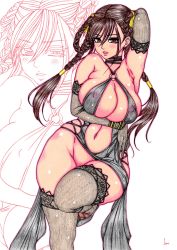 Rule 34 | 1girl, arm up, armpits, blush, breasts, brown hair, cleavage, curvy, dead or alive, covered erect nipples, highres, kyo (osaka), large breasts, lei fang, long hair, navel, parted lips, red eyes, solo, wide hips