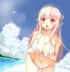 Rule 34 | 1girl, belly, bikini, blush, breasts, cleavage, curvy, derivative work, female focus, front-tie top, headphones, large breasts, lens flare, long hair, looking at viewer, nauribon, navel, nitroplus, open mouth, pink hair, red eyes, sjs 304, sketch, sky, solo, super sonico, swimsuit, untied bikini