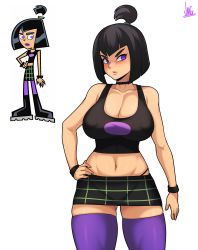 Rule 34 | 1girl, bare shoulders, black hair, black skirt, black tank top, boots, breasts, chibi, choker, cleavage, covered erect nipples, cowboy shot, danny phantom, derivative work, embarrassed, full body, gluteal fold, goth fashion, hand on own hip, high ponytail, highres, jmg, large breasts, lipstick, looking at another, looking to the side, makeup, midriff, miniskirt, multiple persona, navel, pantyhose, pantylines, plaid, plaid skirt, ponytail, purple eyes, purple lips, purple thighhighs, reference work, sam manson, short hair, short ponytail, signature, simple background, skirt, solo, tank top, thick thighs, thighhighs, thighs, thong, v-shaped eyebrows, white background, wide hips, wristband, zettai ryouiki