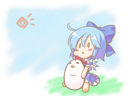 Rule 34 | 1girl, a utopia, ahoge, beak, bird, blue bow, blue dress, blue hair, bow, chibi, chicken, cirno, crest, dress, embodiment of scarlet devil, female focus, hair bow, hirase yuu, ice, ice wings, short hair, short sleeves, solo, sun, touhou, touhou m-1 grand prix, triangle mouth, wings