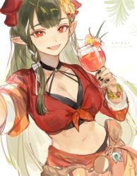 Rule 34 | 1girl, alcohol, blush, breasts, crop top, cup, dragon girl, dragon horns, green hair, horns, kuzuvine, lairei yen, lairei yen (fire), large breasts, long hair, lord of heroes, margarita, midriff, navel, pale skin, pointy ears, red eyes, red horns