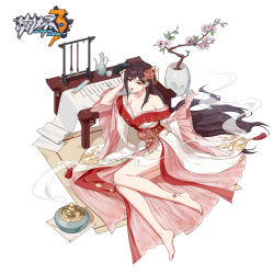 Rule 34 | 1girl, absurdres, bare legs, breasts, brown hair, calligraphy brush, character request, chinese clothes, flower, hair ornament, highres, holding, honkai (series), jewelry, long hair, long sleeves, official art, open mouth, paintbrush, scroll, sitting, solo, table, tattoo
