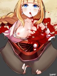 Rule 34 | 1boy, 1girl, artist request, blonde hair, blood, braid, breasts, censored, corpse, cuts, death, empty eyes, highres, injury, long hair, lying, necrophilia, nipples, one breast out, pantyhose, penis, pov, pussy, sex, torn clothes, torn legwear, vaginal