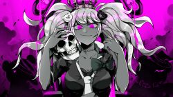 Rule 34 | 1girl, bear, bow, bra, breasts, cleavage, collarbone, crown, danganronpa: trigger happy havoc, danganronpa (series), enoshima junko, hands up, hat, highres, large breasts, long hair, milyoasis, nail polish, necktie, pink background, pink eyes, pink nails, shirt, short sleeves, skull, solo, top hat, twintails, underwear, upper body