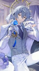 Rule 34 | 1boy, absurdres, black necktie, blue flower, blue hair, blue rose, blue tassel, bouquet, brooch, buttons, collared shirt, couch, curtains, dangle earrings, earrings, feathered wings, flower, gloves, grey vest, hair between eyes, hair over shoulder, halo, halo behind head, head wings, highres, holding, holding flower, honkai: star rail, honkai (series), indoors, jacket, jewelry, lapels, long sleeves, looking at viewer, male focus, medium hair, necktie, notched lapels, on couch, open clothes, open jacket, pants, parted lips, purple flower, rose, sha (nz2), shirt, sidelocks, sitting, smile, sunday (honkai: star rail), table, tassel, vest, white flower, white gloves, white jacket, white pants, white shirt, white wings, wings, yellow eyes, yellow halo