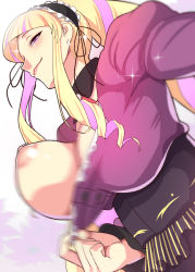 Rule 34 | 1girl, blonde hair, blunt bangs, blush, breasts, clothes pull, deep web underground, deep web underground (character), dekapoi, drill hair, dutch angle, from below, hairband, high ponytail, highres, large breasts, lolita hairband, long hair, looking at viewer, motion blur, multicolored hair, nipples, no bra, one breast out, pink hair, ponytail, puffy areolae, pulled by self, purple eyes, purple hair, self exposure, sidelocks, simple background, smile, solo, two-tone hair, virtual youtuber, white background