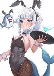 Rule 34 | 1girl, animal ears, black leotard, black pantyhose, bloop (gawr gura), blue eyes, blue hair, blunt bangs, bow, bowtie, breasts, cowboy shot, cup, detached collar, drinking glass, fins, fish tail, fishnet pantyhose, fishnets, flat chest, gawr gura, hair ornament, highres, hololive, hololive english, holomyth, leotard, medium hair, multicolored hair, oekakikei, pantyhose, playboy bunny, rabbit ears, rabbit tail, shark girl, shark hair ornament, shark tail, sharp teeth, silver hair, simple background, standing, strapless, strapless leotard, streaked hair, tail, teeth, tray, two side up, virtual youtuber, white background, wine glass