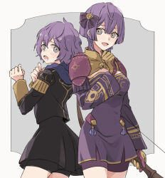 Rule 34 | 2girls, age difference, armor, back-to-back, bernadetta von varley, blush, bob cut, bow, bow (weapon), commentary request, dress, fire emblem, fire emblem: three houses, garreg mach monastery uniform, gloves, grey eyes, hair between eyes, hair bow, holding, holding bow (weapon), holding weapon, hood, hood down, juliet sleeves, long sleeves, looking at viewer, multiple girls, nintendo, puffy sleeves, purple bow, purple dress, purple hair, short hair, shoulder armor, smile, sweatdrop, tenjin (ahan), time paradox, weapon, yellow gloves