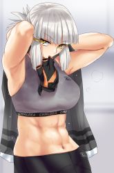 Rule 34 | 1girl, abs, armpits, arms behind head, arms up, bare shoulders, black gloves, black pants, blunt bangs, blush, bra, breasts, closed mouth, contemporary, fate/grand order, fate (series), fingerless gloves, gachou, gloves, unworn gloves, green bra, half updo, highres, large breasts, long hair, looking at viewer, mouth hold, muscular, muscular female, navel, pants, penthesilea (fate), sidelocks, solo, sports bra, sweat, towel, underwear, white hair, yellow eyes, yoga pants