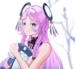 1girl :t absurdres blue_eyes citlali_(genshin_impact) colored_eyelashes detached_collar facial_mark genshin_impact highres holding holding_stuffed_toy jewelry long_hair looking_at_viewer ngoc nude pink_hair ring solo stuffed_toy upper_body very_long_hair white_background