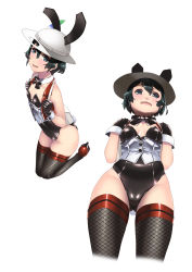 Rule 34 | 10s, 1girl, absurdres, animal ears, black hair, blue eyes, breasts, corset, detached collar, embarrassed, fake animal ears, fishnets, from below, gloves, gluteal fold, hat, hiememiko, high heels, highres, kaban (kemono friends), kemono friends, playboy bunny, rabbit ears, rabbit girl, simple background, small breasts, solo, wrist cuffs