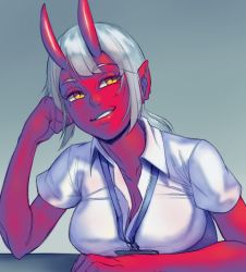 Rule 34 | 1girl, collarbone, colored skin, demon girl, demon horns, elbows on table, estyy, grey hair, horns, id card, long hair, mole, mole under eye, original, parted lips, pointy ears, red skin, slit pupils, smile, solo, table, yellow eyes