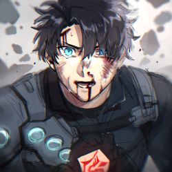 Rule 34 | 1boy, armor, black armor, black gloves, black hair, blood, blood from mouth, blood on face, command spell, es fthc, fate/grand order, fate (series), fujimaru ritsuka (male), gloves, hair between eyes, looking at viewer, male focus, official alternate costume, open mouth, short hair, shoulder armor, solo, upper body