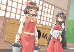 Rule 34 | 2girls, ahoge, anger vein, arnest, ascot, bare shoulders, black hair, blush, bow, brown hair, bucket, closed mouth, commission, crossed arms, detached sleeves, hair bow, hair tubes, hakurei reimu, holding, holding bucket, japanese clothes, long hair, m.u.g.e.n, medium hair, miko, multiple girls, navel, nontraditional miko, open mouth, red bow, red skirt, ribbon-trimmed sleeves, ribbon trim, sendai hakurei no miko, sidelocks, skeb commission, skirt, tearing up, tears, touhou, wide sleeves, yellow ascot