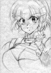 Rule 34 | 1girl, :o, angry, banpresto, blush, braid, breasts, cleavage, cleavage cutout, clothing cutout, embarrassed, greyscale, hair ornament, hairclip, large breasts, looking at viewer, monochrome, open mouth, seolla schweizer, short hair, side braid, single braid, sketch, solo, super robot wars, traditional media, turtleneck, upper body