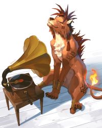 Rule 34 | animal, beads, body markings, bracer, claws, closed eyes, facial mark, final fantasy, final fantasy vii, final fantasy vii remake, flame-tipped tail, hair beads, hair ornament, highres, jiro (ninetysix), listening to music, no humans, orange fur, phonograph, red hair, red xiii, sitting, smile, square enix, table, tattoo, wooden floor, wooden table