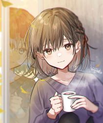 Rule 34 | 2girls, blue eyes, braid, brown hair, closed mouth, coffee, commentary, cup, different reflection, floating, floating object, hair ribbon, highres, holding, holding cup, knees up, leaf, leaning on object, looking at viewer, mirror, multiple girls, on floor, open mouth, original, red eyes, red ribbon, reflection, ribbon, sake (utopia modoki), short hair, siblings, sitting, smile, steam, sweater, twins