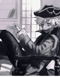 Rule 34 | 1boy, boku no hero academia, burn scar, chair, cheek piercing, cross, cross earrings, dabi (boku no hero academia), earrings, feathers, greyscale, hat, highres, holding, holding feather, jewelry, looking at viewer, male focus, monochrome, multiple scars, open mouth, pirate costume, pirate hat, ring, scar, scar on face, scar on hand, scar on neck, sharl0ck, sitting, smile, spoilers, staple, stapled, todoroki touya, unfinished, window