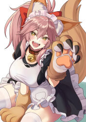 Rule 34 | 1girl, animal ear fluff, animal ears, animal hands, apron, bell, black dress, breasts, cat paws, dress, fangs, fate/grand order, fate (series), fox ears, fox girl, fox tail, frilled apron, frilled dress, frills, gloves, hair between eyes, highres, jingle bell, large breasts, long hair, looking at viewer, maid, maid apron, maid headdress, neck bell, nemurinemuri, open mouth, paw gloves, pink hair, ponytail, red ribbon, ribbon, short apron, short dress, solo, tail, tamamo (fate), tamamo cat (fate), tamamo cat (second ascension) (fate), thighhighs, white apron, white thighhighs, yellow eyes