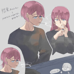 Rule 34 | 1girl, alternate hair length, alternate hairstyle, bang dream!, bang dream! it&#039;s mygo!!!!!, black shirt, chihaya anon, cigarette, commentary request, grey background, highres, holding, holding cigarette, holding lighter, kanaha lazy, lighter, long hair, long sleeves, multiple views, partial commentary, pink hair, shirt, short hair, simple background, smoke, translation request