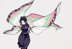 Rule 34 | 1girl, animal print, artist name, belt, black hair, black pants, breasts, bug, butterfly, butterfly hair ornament, butterfly print, closed eyes, coat, cowboy shot, dated, douwo mkd, forehead, gradient hair, grey background, hair ornament, haori, highres, insect, japanese clothes, katana, kimetsu no yaiba, kochou shinobu, large breasts, lips, multicolored hair, pants, parted bangs, purple hair, sheath, sheathed, short hair, simple background, solo, sword, two-tone hair, uniform, weapon