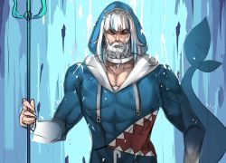 Rule 34 | 1boy, aged up, animal hood, aqua man, aquaman (dc), beard, blue eyes, blue hair, dc comics, facial hair, fins, fish tail, gawr gura, gawr gura (1st costume), genderswap, genderswap (ftm), highres, hinghoi, holding, holding polearm, holding weapon, hololive, hololive english, hood, hood up, looking at viewer, male focus, manly, multicolored hair, muscular, old, old man, polearm, shark hood, shark tail, sketch, skin tight, solo, standing, streaked hair, tail, trait connection, trident, upper body, virtual youtuber, water, weapon, white hair