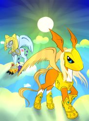 Rule 34 | armor, blue eyes, cloud, crests (digimon), digimon, digimon (creature), digimon adventure 02, flying, gauntlets, highres, hooves, looking up, mask, my little pony, my little pony: friendship is magic, nefertimon, parody, pegasmon, style parody, sunlight, wings