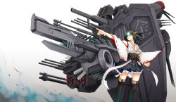 Rule 34 | 10s, 1girl, bare shoulders, beam gun, big.g, blue eyes, boots, detached sleeves, glasses, green eyes, hairband, japanese clothes, kantai collection, kirishima (kancolle), long hair, long sleeves, nontraditional miko, outstretched arm, personification, pleated skirt, pointing, ribbon-trimmed sleeves, ribbon trim, short hair, skirt, solo, thigh boots, thighhighs, wide sleeves