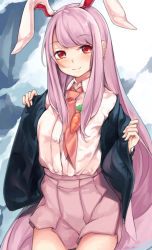 Rule 34 | 1girl, animal ears, black jacket, blazer, blouse, blush, carrot, clothes pull, collared shirt, commentary request, cowboy shot, highres, jacket, jacket pull, light purple hair, long hair, looking at viewer, maremay0513, necktie, pink skirt, pleated skirt, purple hair, rabbit ears, red eyes, reisen udongein inaba, shirt, skirt, smile, solo, touhou, undressing, very long hair, white shirt