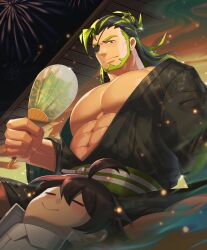 Rule 34 | 2boys, absurdres, bara, beard, black hair, black kimono, character request, closed eyes, closed mouth, eyepatch, facial hair, fireworks, green hair, hand fan, highres, holding, holding fan, japanese clothes, kimono, large pectorals, leon (world flipper), long hair, male focus, multiple boys, muscular, muscular male, night, night sky, one eye covered, outdoors, pectorals, sitting, sky, smile, world flipper, zhuganchangjiadan