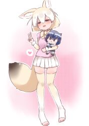 Rule 34 | 1girl, absurdres, animal ears, black hair, blonde hair, blush, bow, bowtie, brown eyes, chai chai huishi, character doll, common raccoon (kemono friends), extra ears, fennec (kemono friends), fox ears, fox tail, gloves, heart, highres, kemono friends, multicolored hair, open mouth, pink sweater, raccoon ears, raccoon girl, raccoon tail, shirt, short-sleeved sweater, short hair, short sleeves, skirt, smile, solo, sweater, tail, v, white hair, yellow bow, yellow bowtie